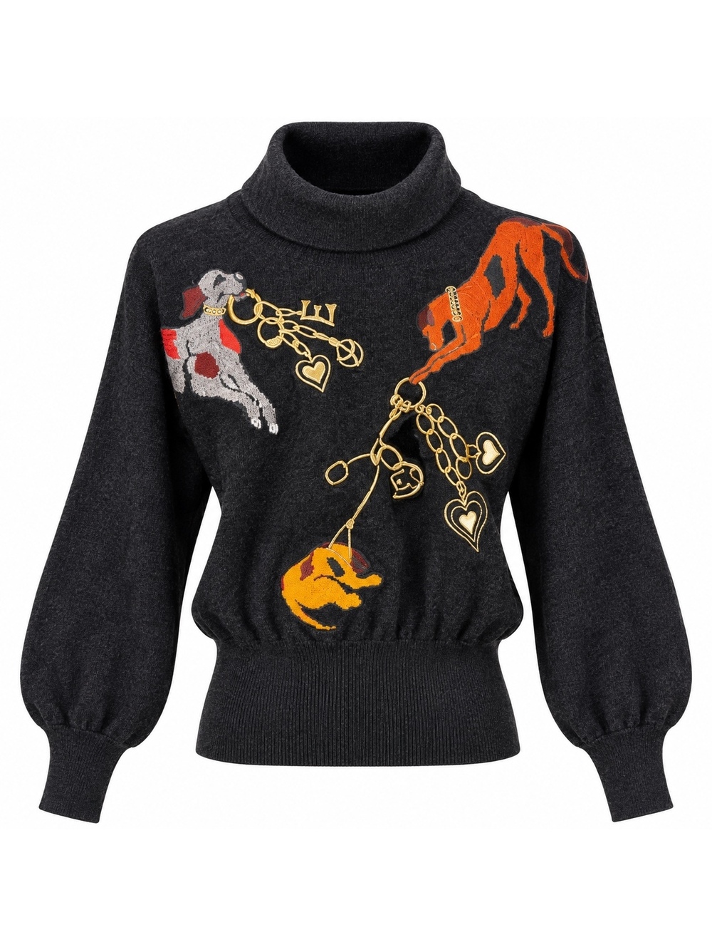 Vintage Escada Embroidered Dog & Charm Turtleneck Sweater